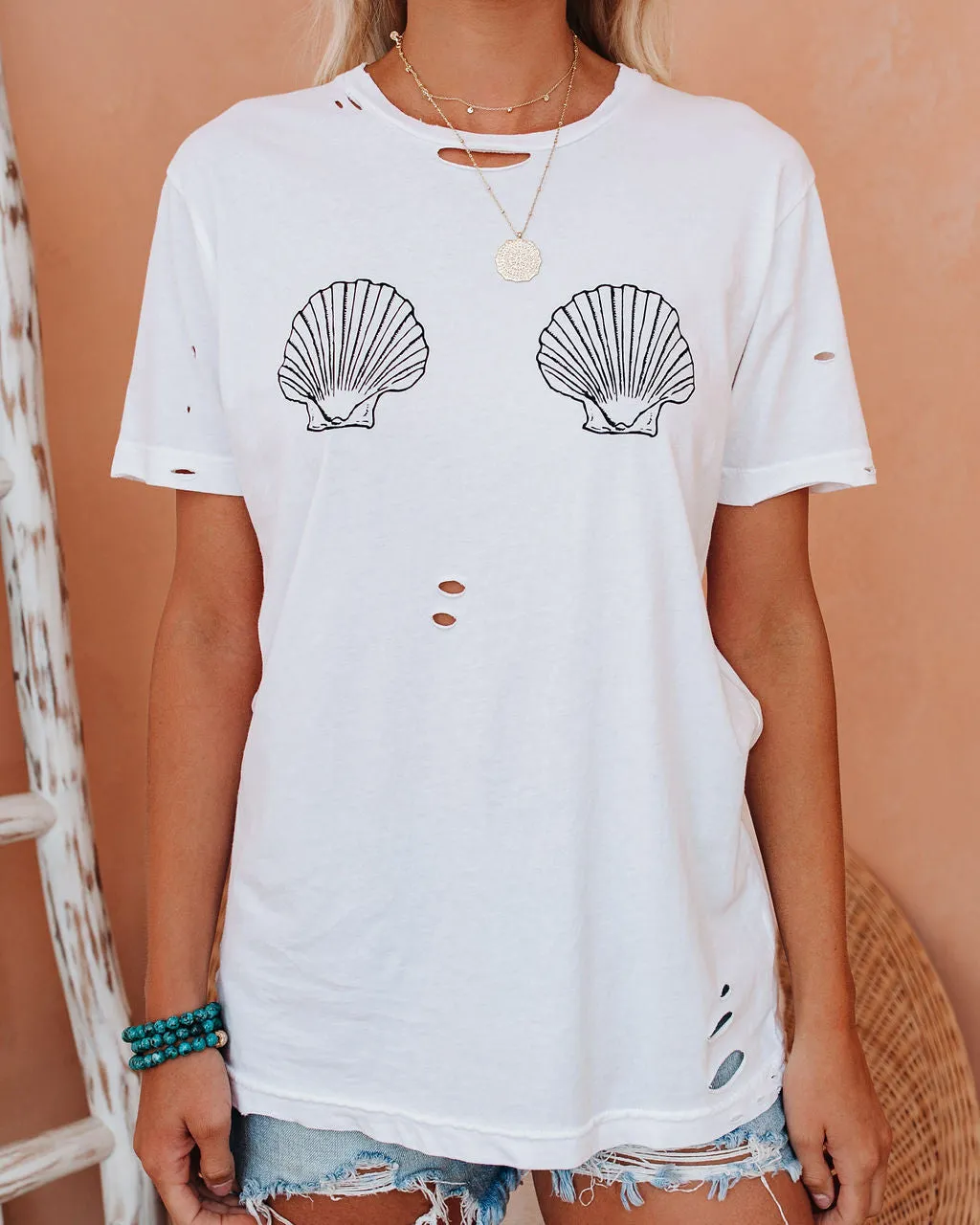 Seashell Print Distressed Cotton Tee
