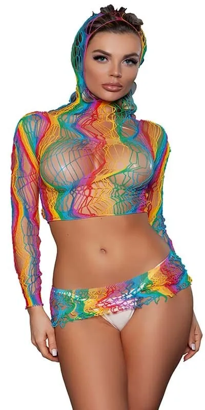 Sexy Late Night Pride Net Set in Black and Rainbow