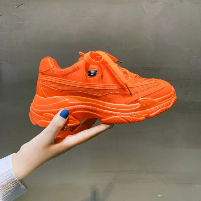 Soft casual thick sneaker platform summer breathable mesh women's shoes flat casual yellow sports shoes female orange 2019