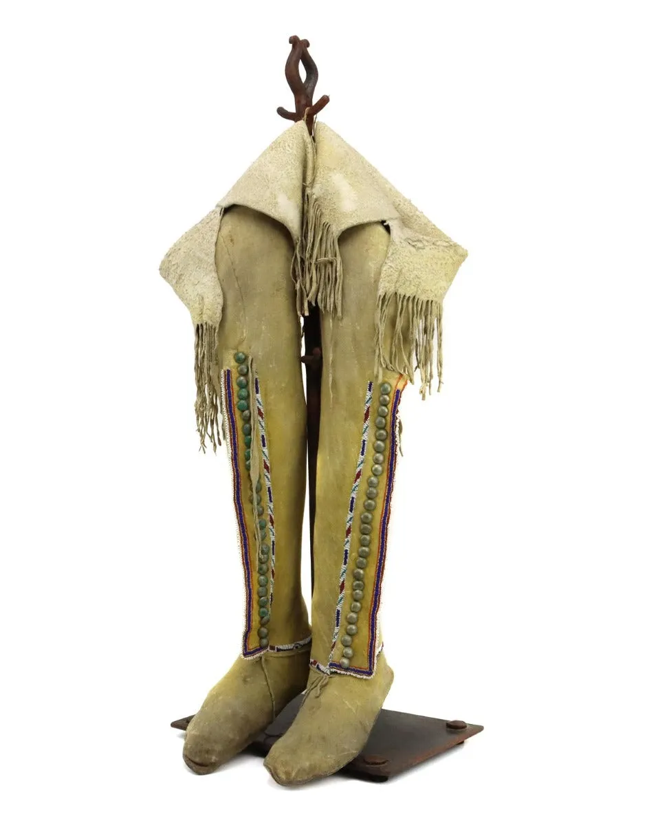 Southern Plains Beaded Leather Moccasins with Stand c. 1880s, 21" x 9" x 6" (DW92323A-0123-001)