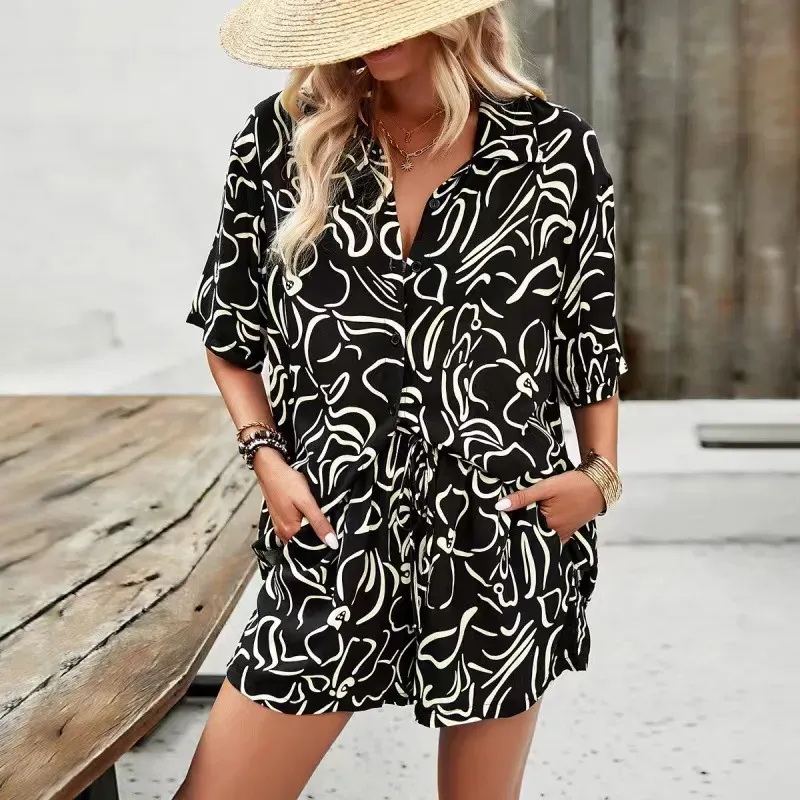 Sprout Leafy Button-Up Shirt & Pocketed Shorts Set
