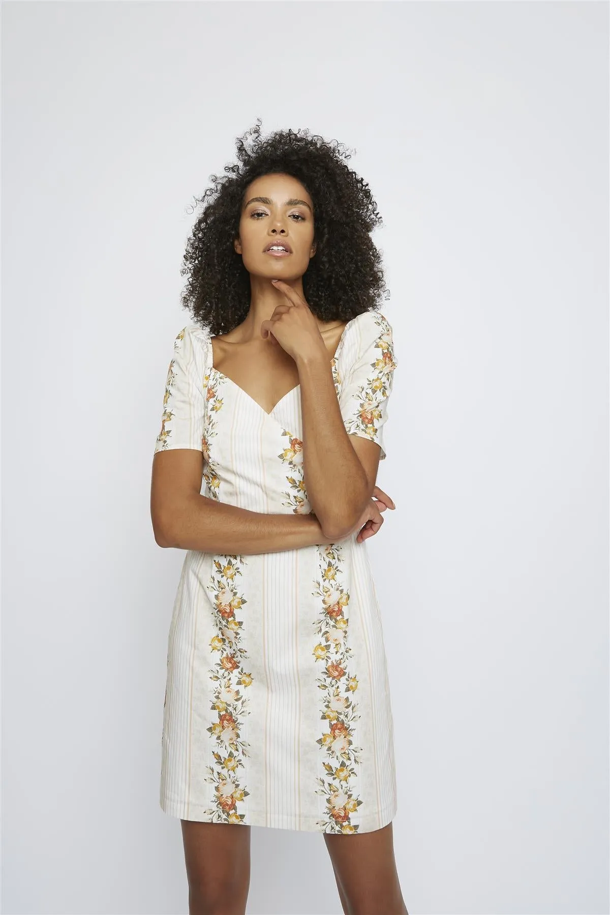 Stone Floral Stripe Sweetheart Neckline Mini-Dress