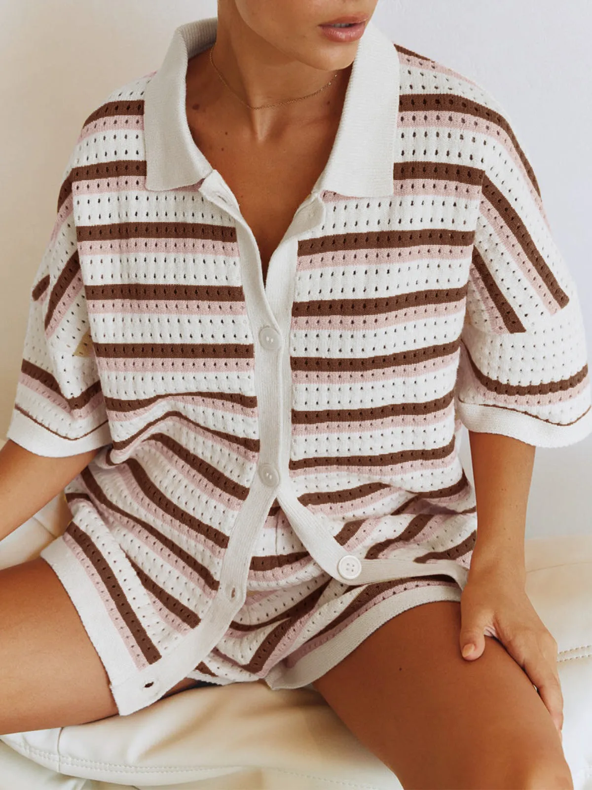 Striped Knit Set | Cotton Blend | Collared Button-Up & Shorts