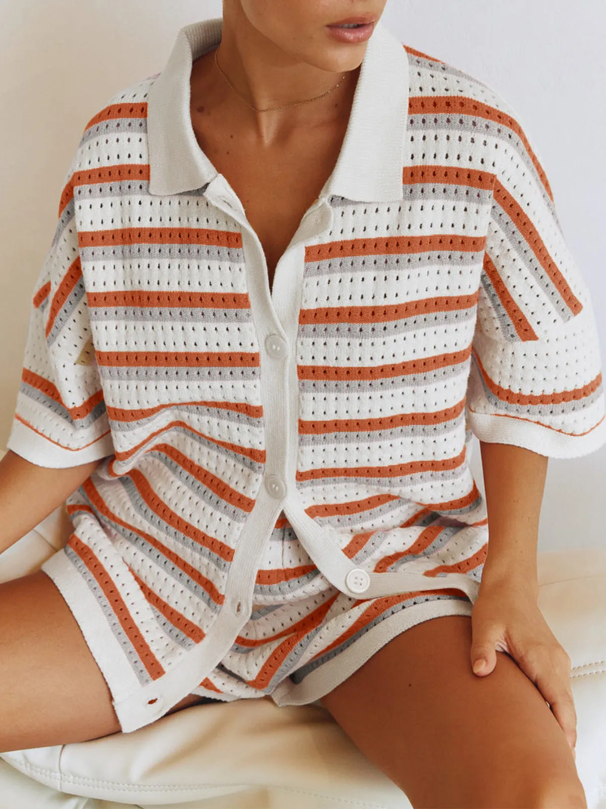 Striped Knit Set | Cotton Blend | Collared Button-Up & Shorts