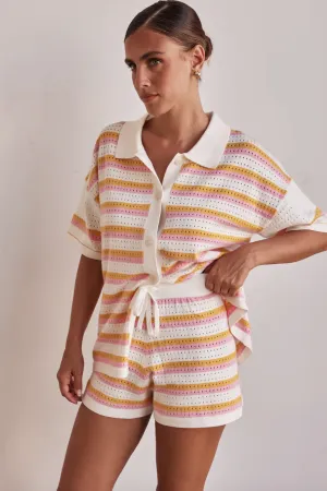 Striped Knit Set | Cotton Blend | Collared Button-Up & Shorts
