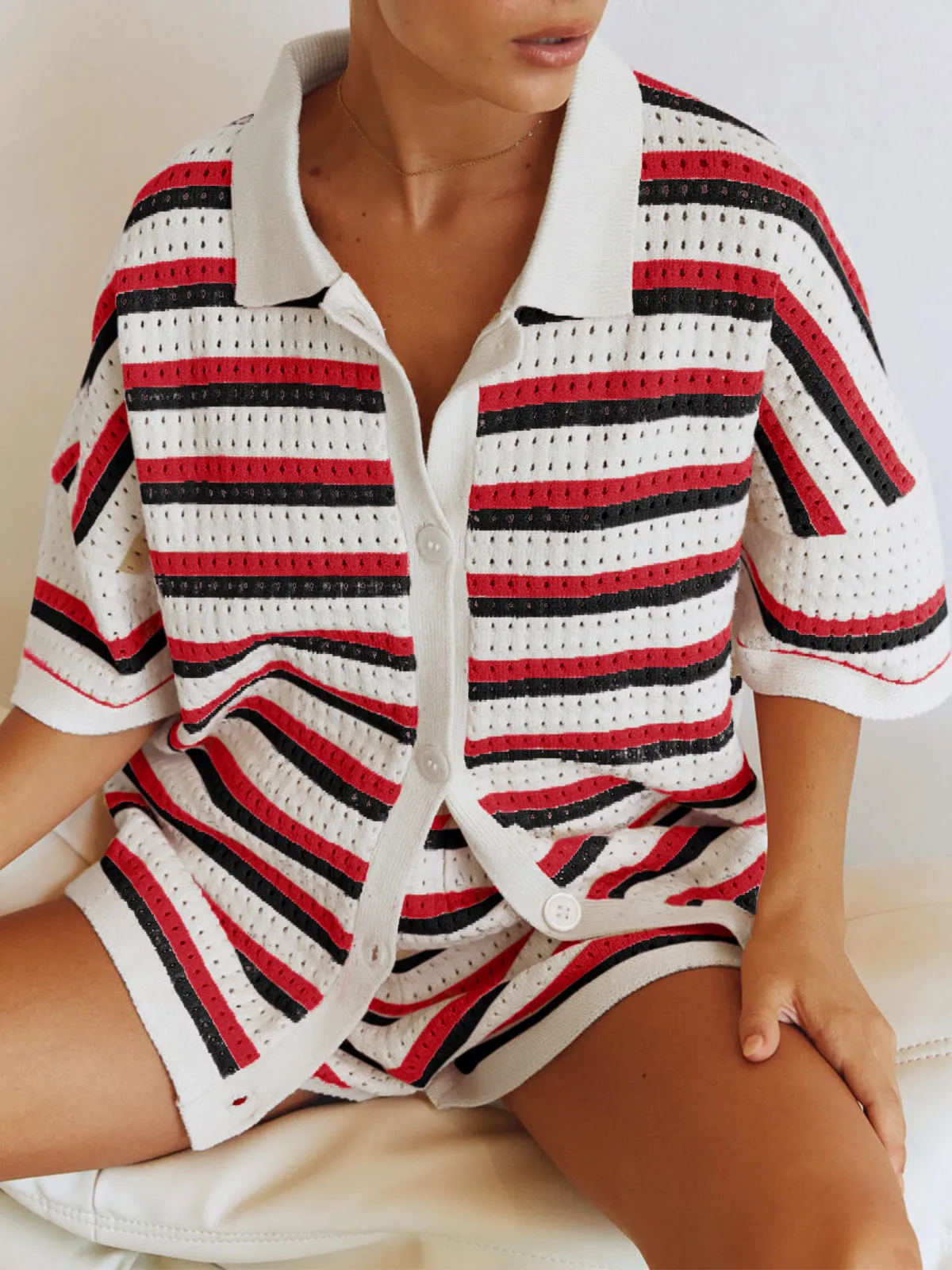 Striped Knit Set | Cotton Blend | Collared Button-Up & Shorts