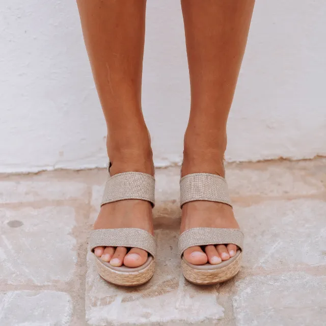 Wedges | Gold Linen Double Strap (Padded)