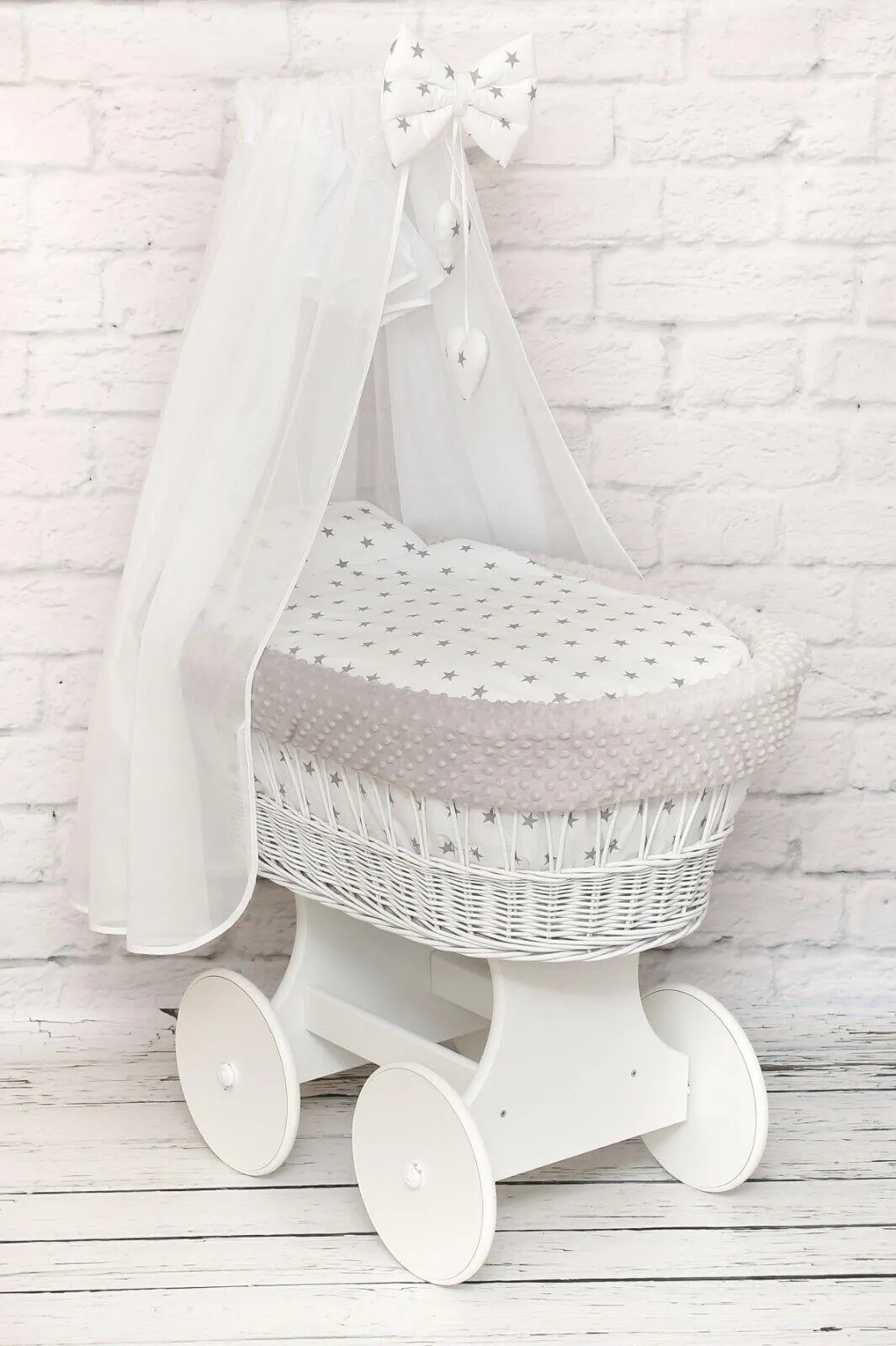 White Wicker Moses Basket with Wheels Baby full Bedding Set Dimple Grey/ Small stars on White
