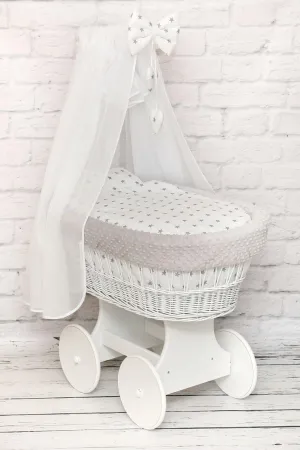 White Wicker Moses Basket with Wheels Baby full Bedding Set Dimple Grey/ Small stars on White