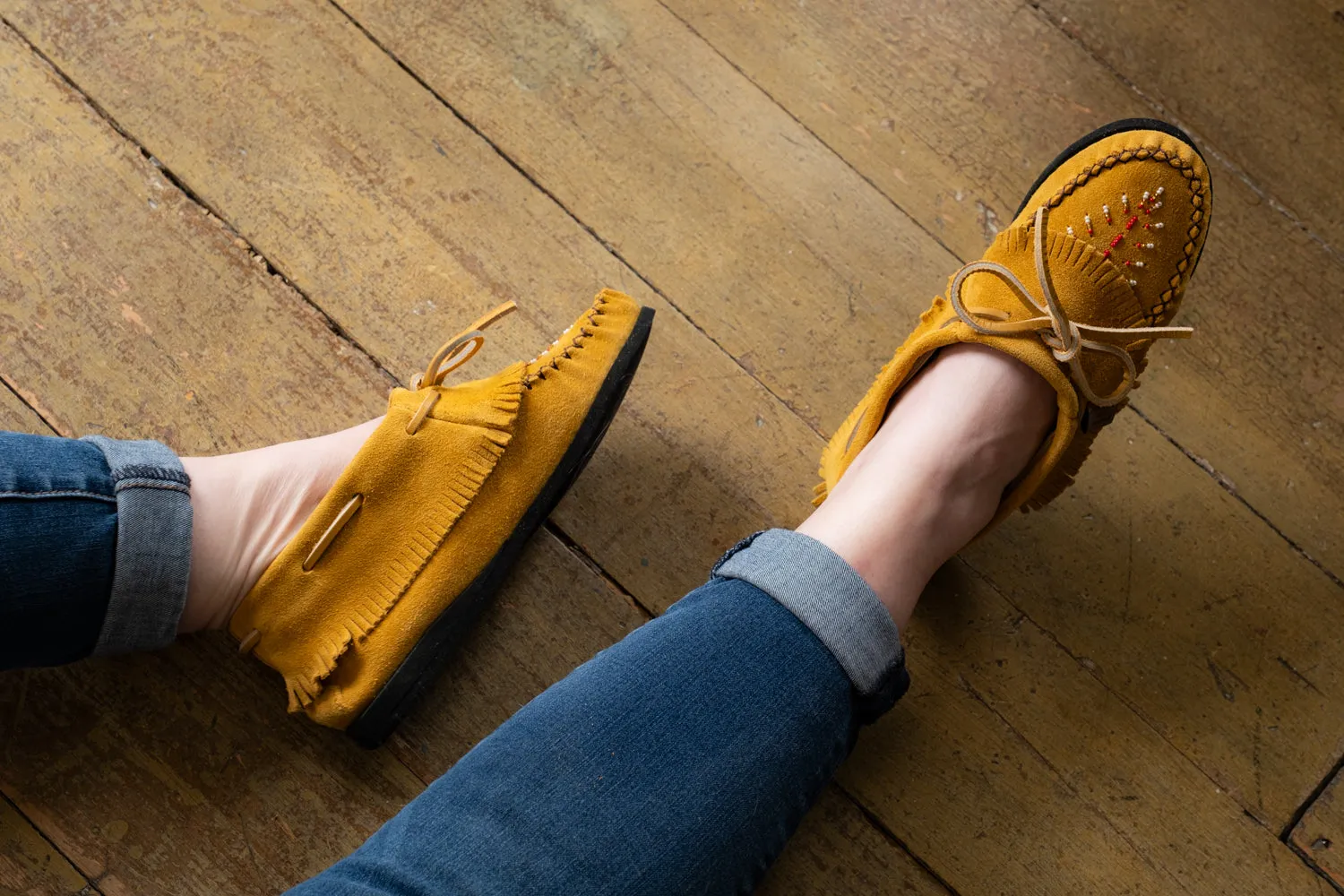 Women's Fringed Beaded Papoose Moccasin Shoes