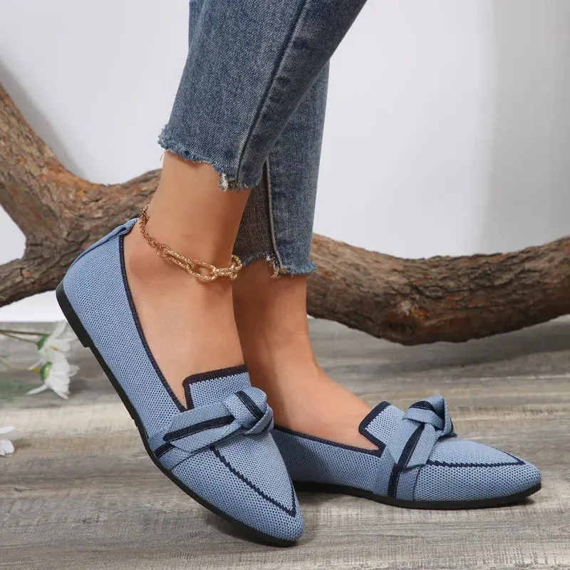 Women's Knitted Slip Flats Breathable Comfortable Solid Color Walking Shoes Casual Pointed Toe Walking Sneakers Loafers