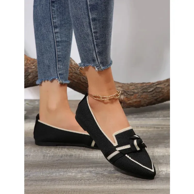 Women's Knitted Slip Flats Breathable Comfortable Solid Color Walking Shoes Casual Pointed Toe Walking Sneakers Loafers