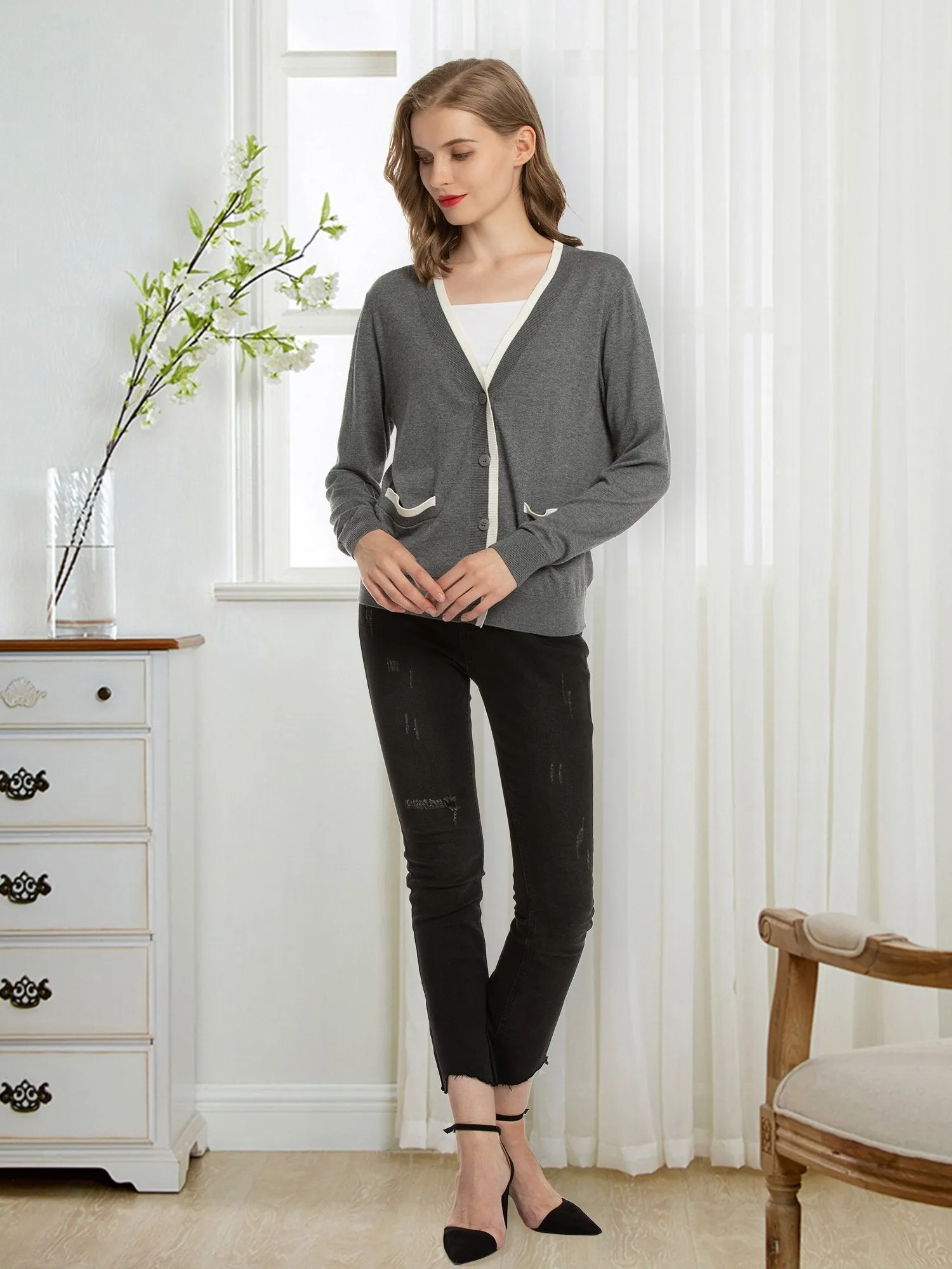 Women's V Neck Button Front Lightweight Cardigan