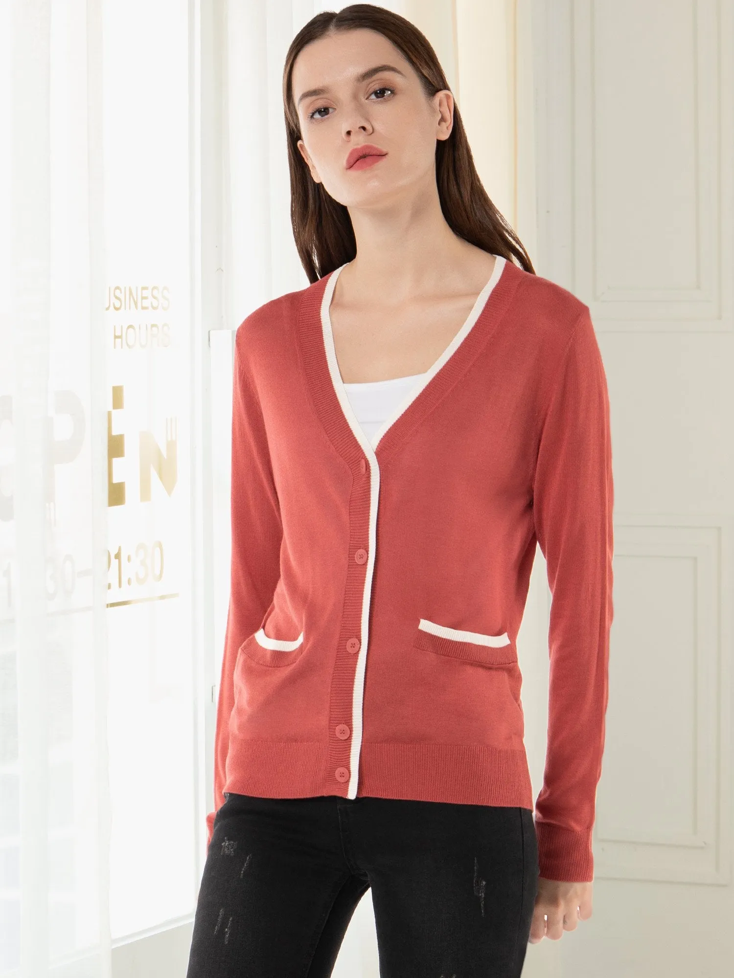 Women's V Neck Button Front Lightweight Cardigan