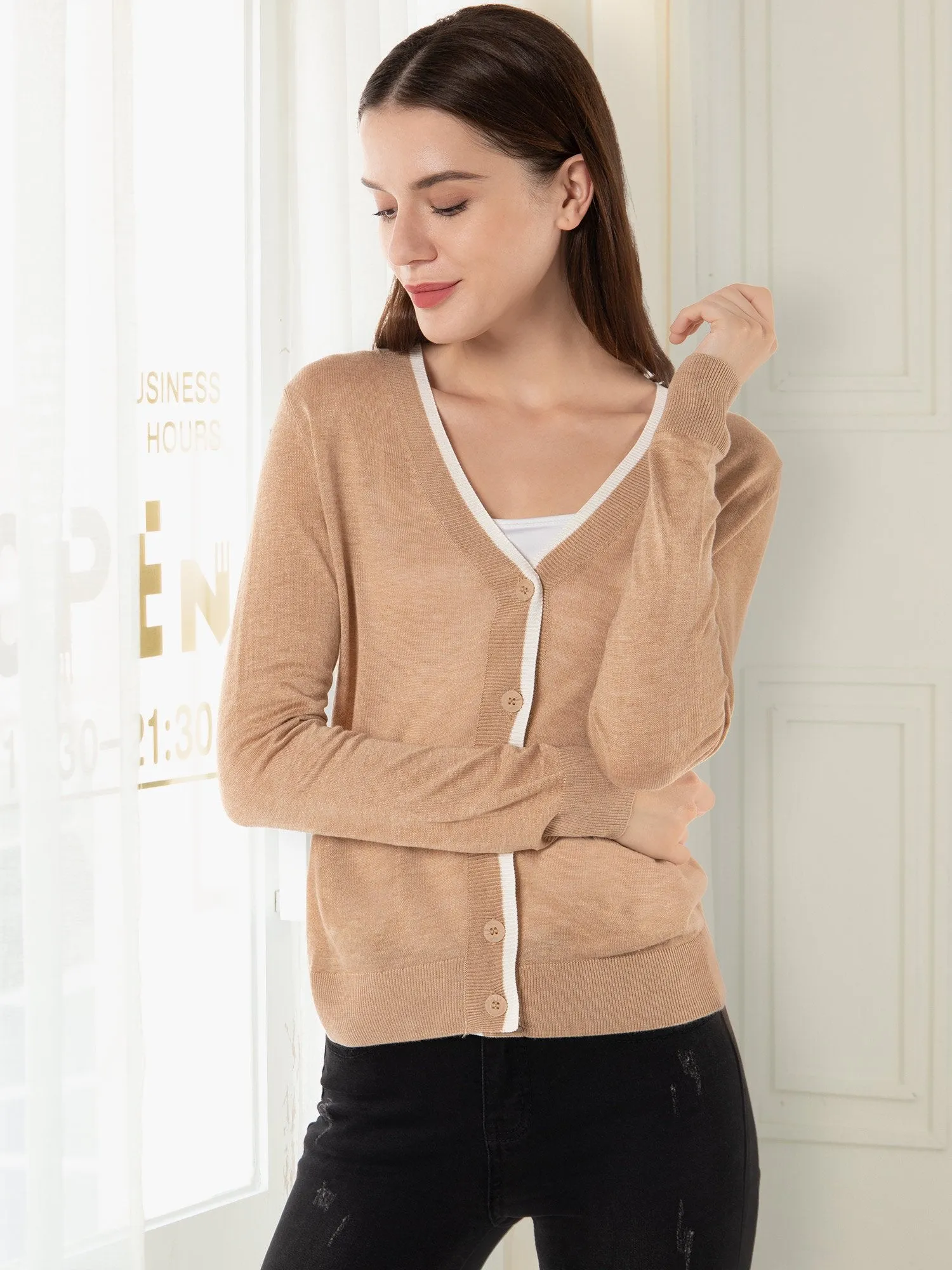 Women's V Neck Button Front Lightweight Cardigan