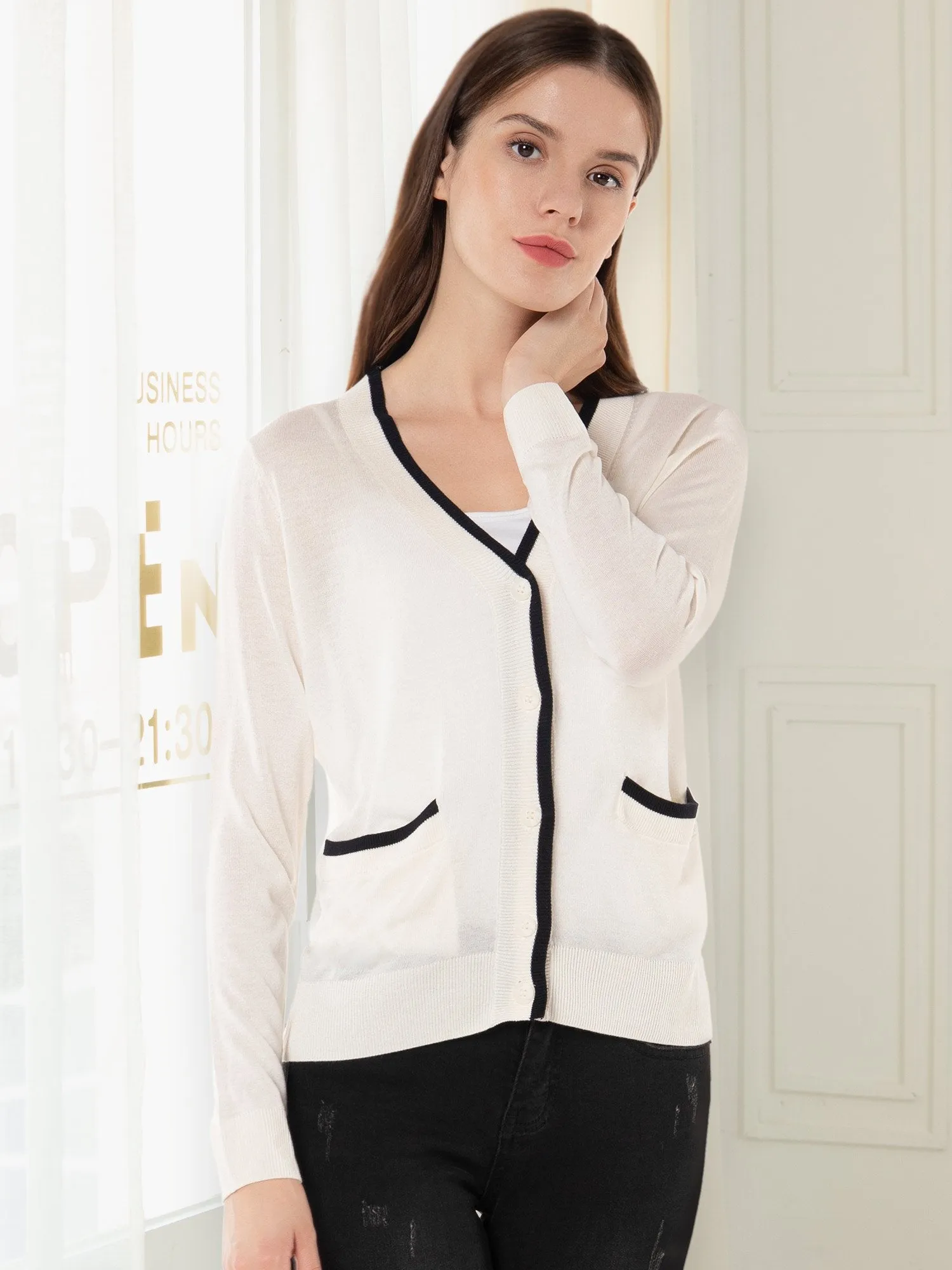 Women's V Neck Button Front Lightweight Cardigan