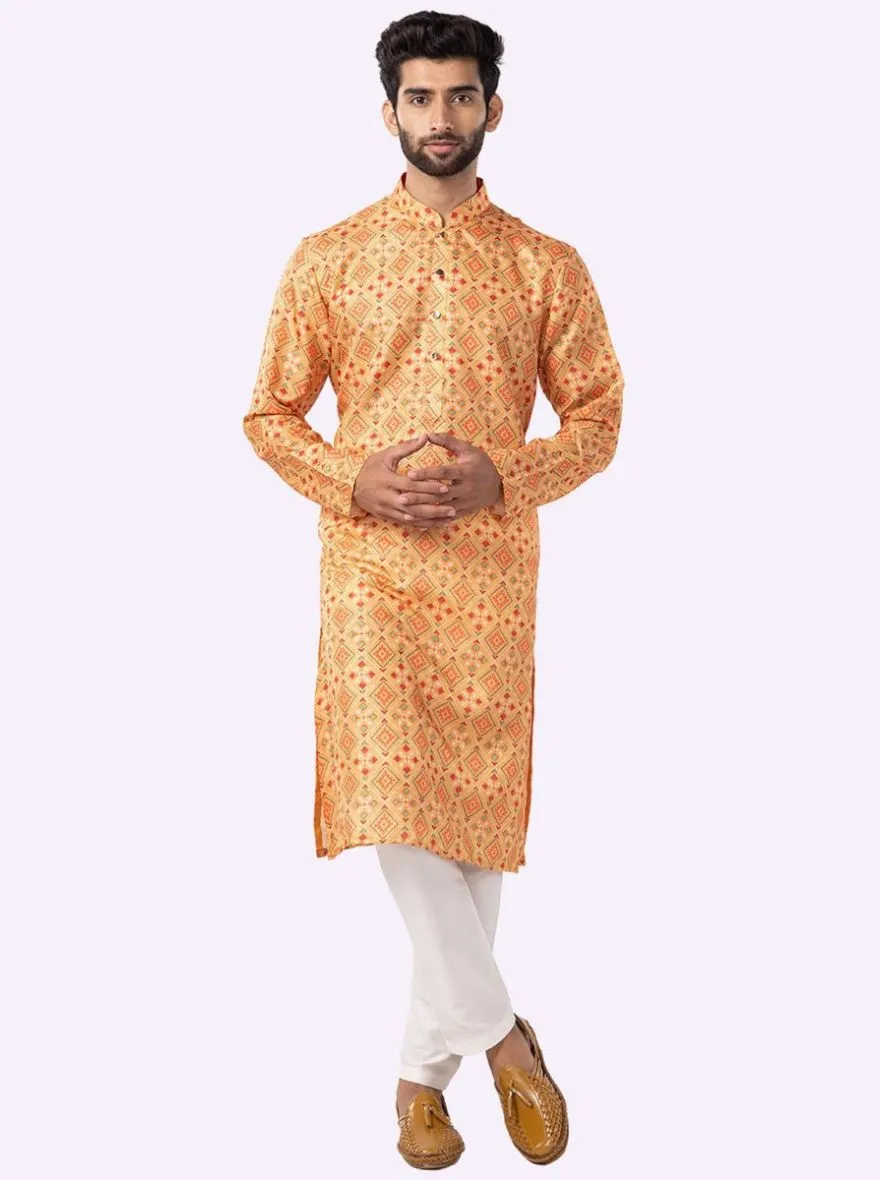 Yellow & Parrot green Cotton Printed Kurta | The Kurta Company